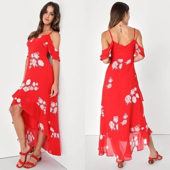 Lulus Love in Bloom Red Floral Print Off-the-Shoulder High-Low Dress XL NWT - Picture 1 of 8